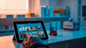 A modern, minimalist lab setup showing a tablet displaying a forklift content library, with a small toy forklift on a clean desk, a hand tapping a download option, cinematic lighting, shallow depth of field, editorial product photography