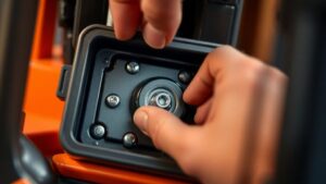 Close-up of a toy forklift battery compartment being opened, a hand unscrewing a small cover, high-detail metal screws, soft studio lighting, macro shot, 85mm equivalent, editorial quality