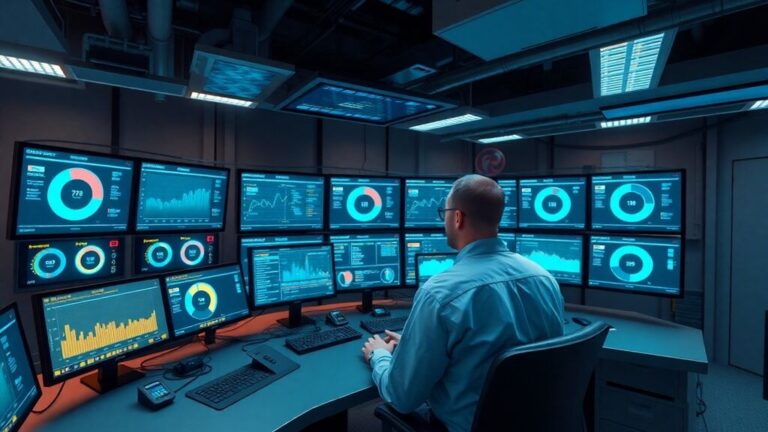 A modern facility control room with multiple screens showing battery health dashboards, a technician at a workstation reviewing graphs, cinematic studio lighting, wide shot, cool tones, unreal engine 5 render, highly detailed, sharp focus