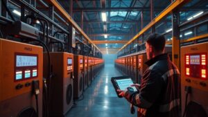 Warehouse charging hub with multiple high power DC chargers, a technician monitoring a touchscreen panel, high contrast industrial lighting, wide angle shot, top down perspective, day for night feel unreal engine 5 render, highly detailed, sharp focus