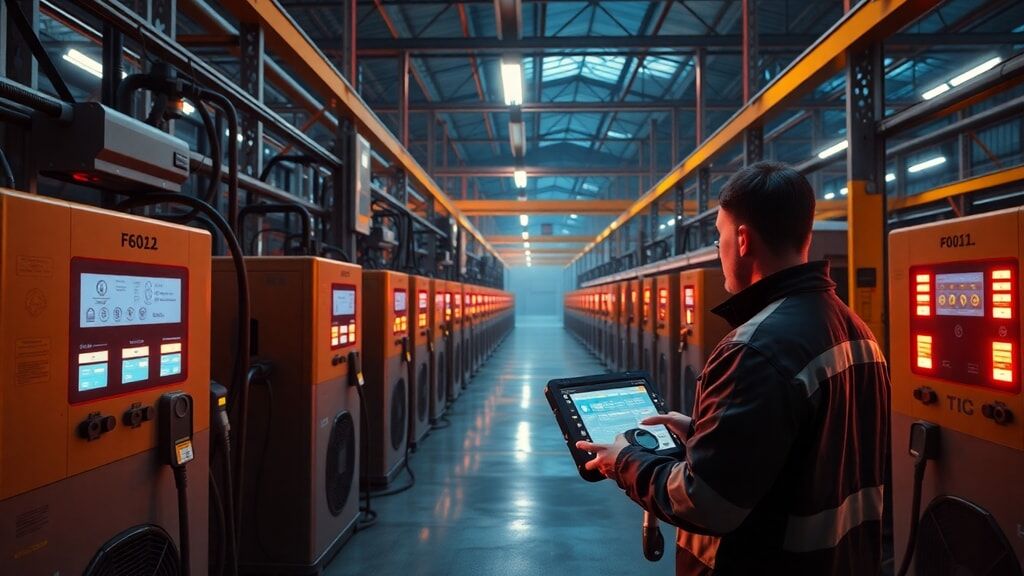 Warehouse charging hub with multiple high-power DC chargers, a technician monitoring a touchscreen panel, high-contrast industrial lighting, wide-angle shot, top-down perspective, day-for-night feel --unreal engine 5 render, highly detailed, sharp focus