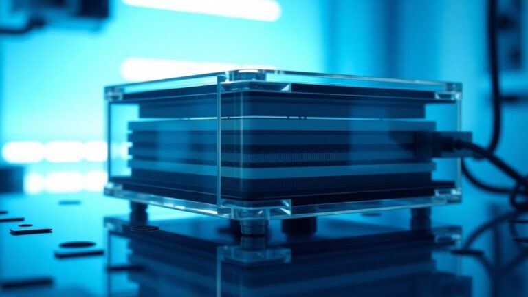 A high tech lab bench with a solid state battery module being tested, close up on ceramic separator layers, glass containment, soft blue backlighting, clean and precise, over the shoulder shot, dramatic but controlled lighting unreal engine 5 render, highly detailed, sharp focus